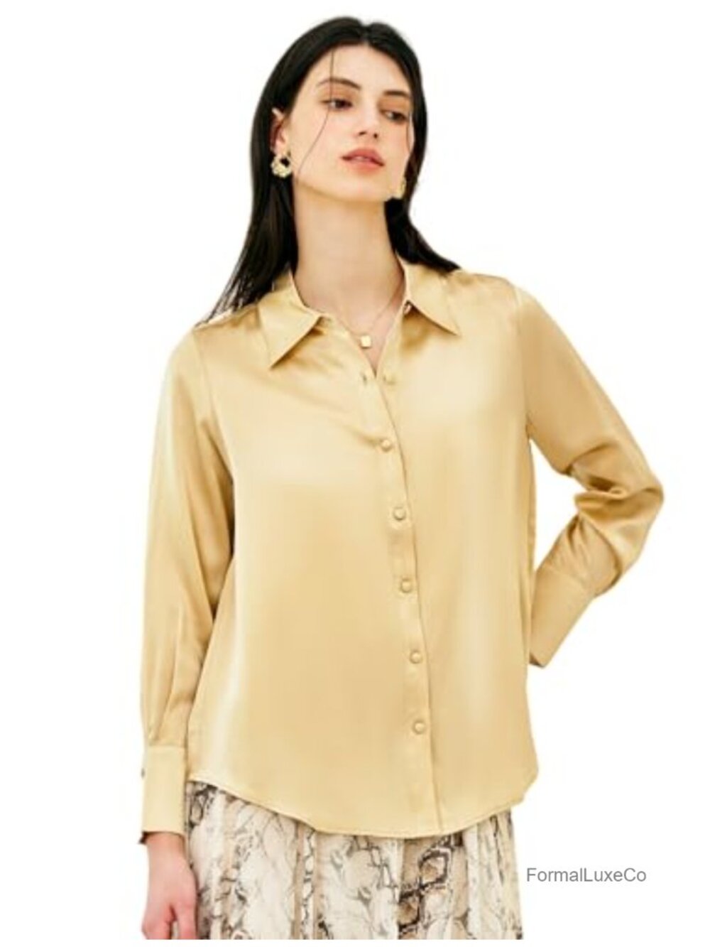 100% Mulberry Silk Long Sleeve Blouse V-Neck Button Down Shirt